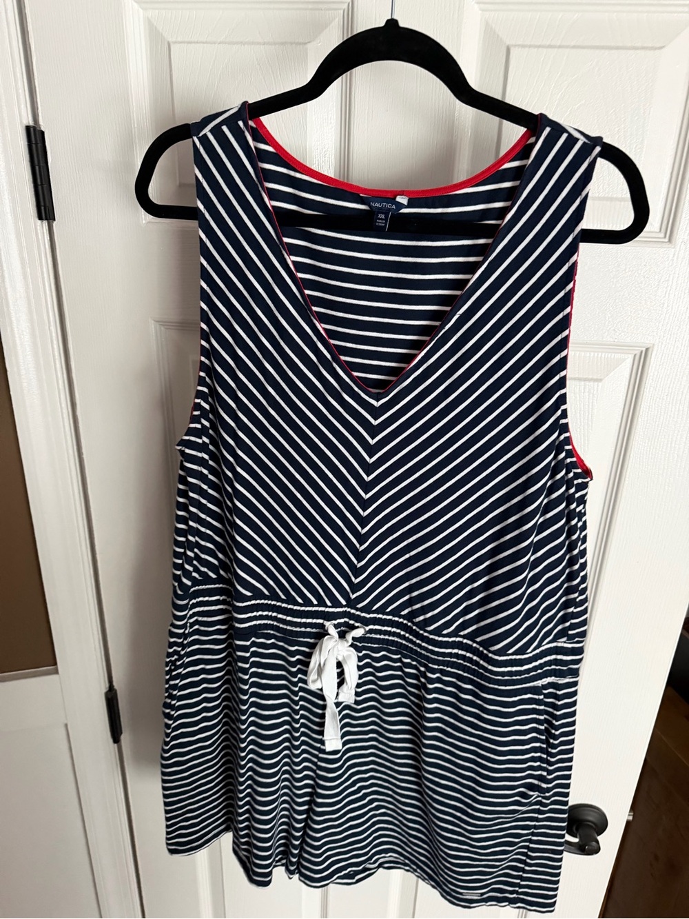 Nautica Navy & White Striped Sleeveless Drawstring Romper with Red Trim
